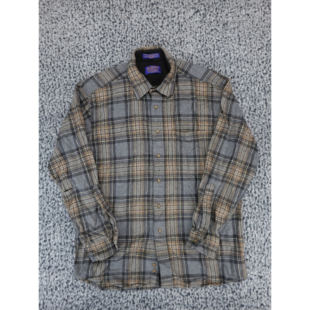 Pendleton Wool Flannel Shirt Mens L Grey Brown Plaid Machine Washable AS IS